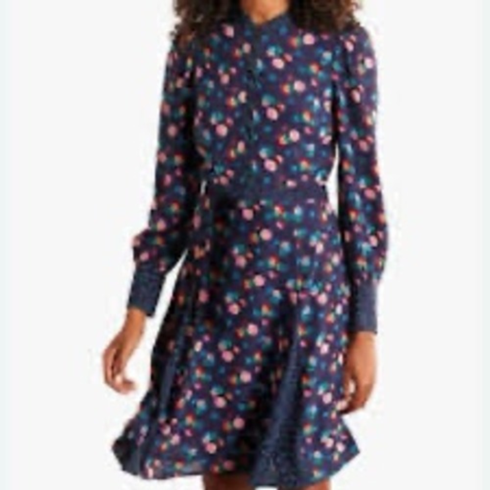 Boden Christina Navy Floralโ Button Front Mini Dress Long Sleeve Women US 2R